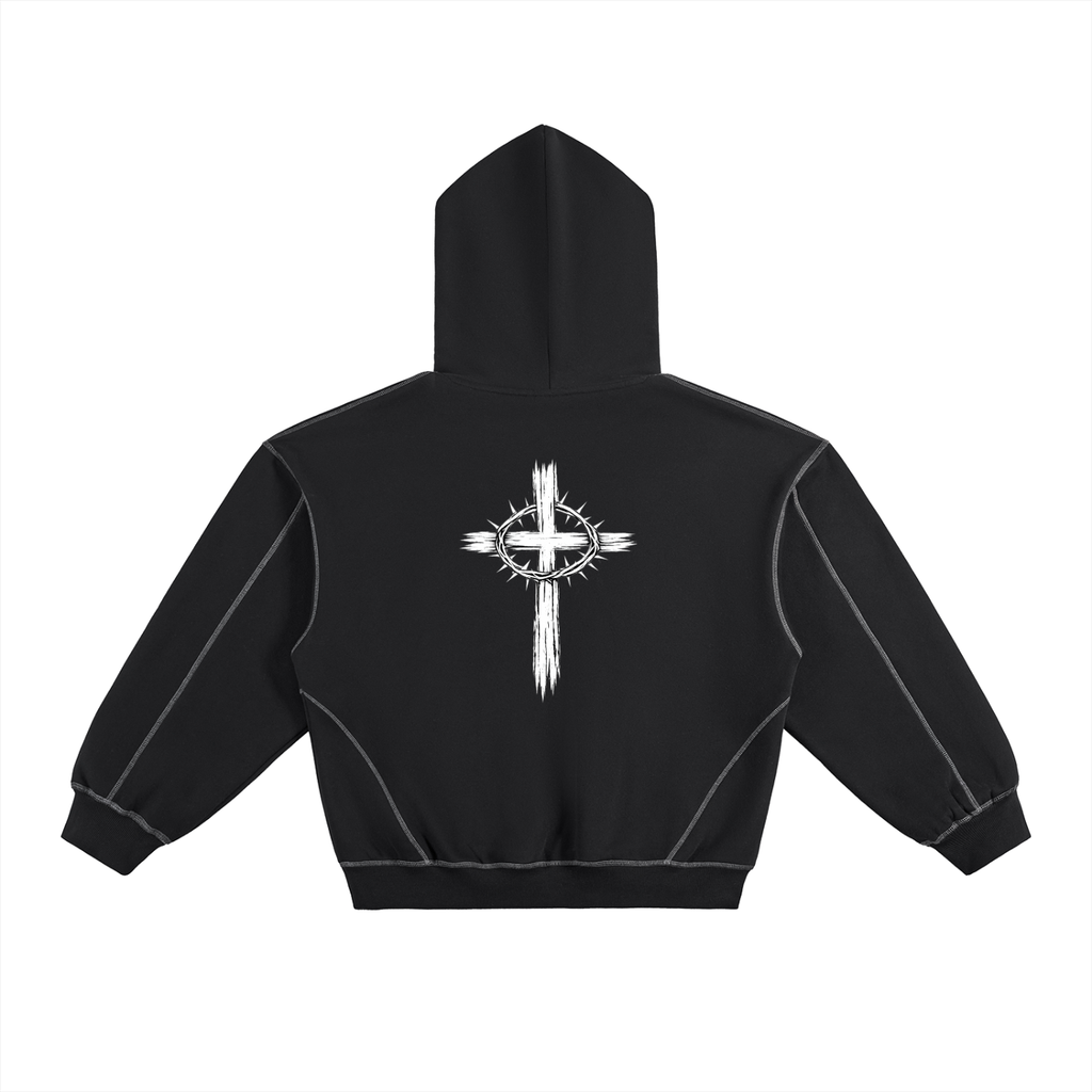 Contrast-Stitched Boxy Fleece Hoodie