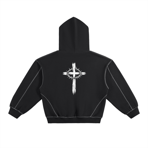 Contrast-Stitched Boxy Fleece Hoodie